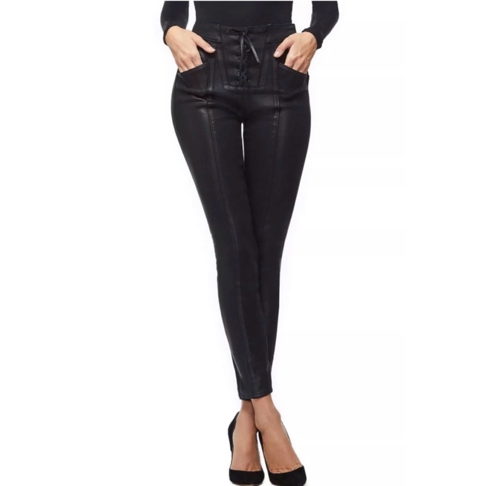 GOOD AMERICAN Lace-Up Coated Jeans Black Faux Leather Look High Rise Size 4/27